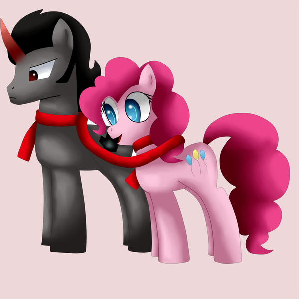 Size: 1100x1100 | Tagged: safe, artist:king-sombrero, derpibooru import, king sombra, pinkie pie, earth pony, pony, unicorn, clothes, female, male, mare, scarf, shipping, sombrapie, stallion, straight