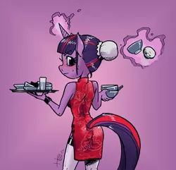 Size: 700x676 | Tagged: alternate hairstyle, anthro, artist:horlod, cheongsam, clothes, derpibooru import, magic, odango, safe, solo, telekinesis, twilight sparkle, waitress