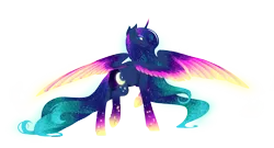 Size: 6000x3237 | Tagged: absurd resolution, artist:fuyusfox, derpibooru import, ethereal mane, galaxy mane, looking back, princess luna, rainbow power, rainbow power-ified, safe, simple background, solo, transparent background