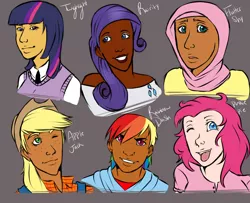 Size: 1600x1300 | Tagged: applejack, artist:rad-pax, dark skin, derpibooru import, diversity, fluttershy, hijab, human, humanized, islam, islamashy, jaundice, mane six, manface, pinkie pie, rainbow dash, rarity, safe, twilight sparkle, uncanny valley