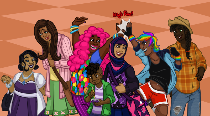 Size: 1260x700 | Tagged: alternate hairstyle, applejack, artist:kiotsukatanna, clothes, dark skin, derpibooru import, diversity, dress, female, fingerless gloves, fluttershy, gloves, high five, hijab, human, humanized, islam, islamashy, jeans, male, mane seven, mane six, manface, natural hair color, pants, pinkie pie, rainbow dash, rarity, safe, shorts, socks, spike, sweater, sweatershy, twilight sparkle, why meph why