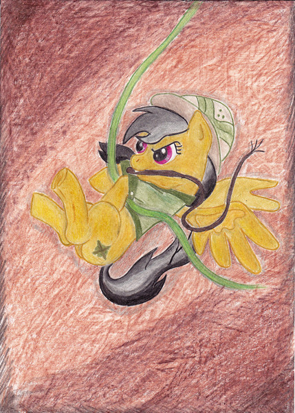 Size: 2359x3303 | Tagged: safe, artist:littlewolfstudios, derpibooru import, daring do, commission, cute, grin, hoof hold, mouth hold, smirk, solo, swinging, traditional art, underhoof, vine, whip