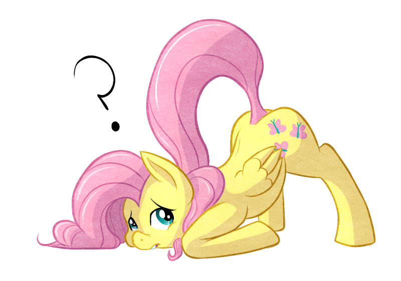 Size: 800x562 | Tagged: artist:elslowmo, artist:jalm, bent over, colored, confused, derpibooru import, face down ass up, female, fluttershy, frown, looking at you, presenting, question mark, raised tail, solo, solo female, suggestive