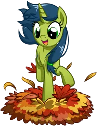 Size: 576x750 | Tagged: safe, artist:habijob, derpibooru import, oc, oc:magical disaster, unofficial characters only, pony, unicorn, autumn, cute, jumping, leaf pile, ocbetes, solo, stomping