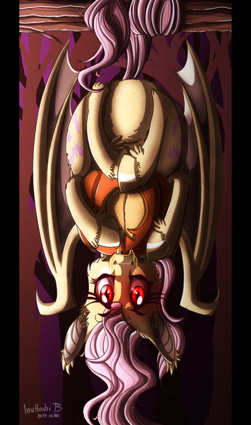 Size: 900x1523 | Tagged: artist:inuhoshi-to-darkpen, derpibooru import, flutterbat, fluttershy, hanging, pumpkin, safe, solo, upside down