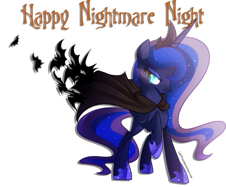 Size: 2313x1913 | Tagged: artist:drawntildawn, bat, bat cloak, cape, clothes, derpibooru import, nightmare night, princess luna, raised hoof, safe, simple background, solo, transparent background