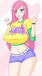 Size: 1086x1920 | Tagged: artist:jonfawkes, belly button, big breasts, bimbo, blushing, bracelet, breasts, busty fluttershy, clothes, derpibooru import, ear piercing, earring, eyebrows, eyelashes, female, fluttershy, huge breasts, human, humanized, jewelry, long hair, midriff, open mouth, piercing, pink hair, shirt, sluttershy, solo, solo female, suggestive