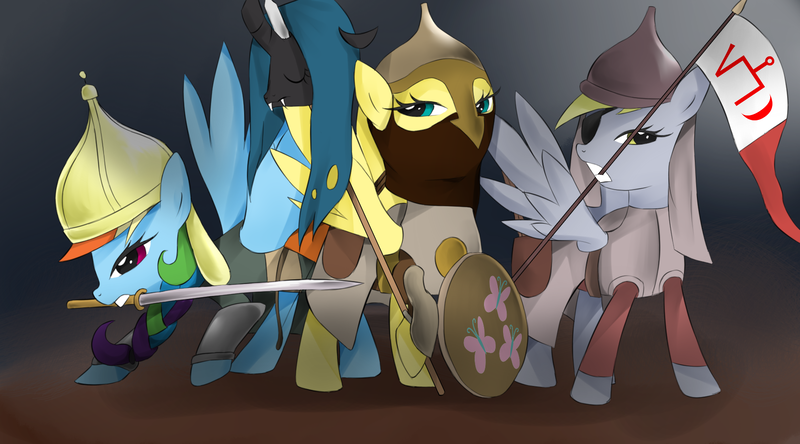 Size: 1800x1000 | Tagged: dead source, semi-grimdark, artist:poisonicpen, derpibooru import, derpy hooves, fluttershy, queen chrysalis, rainbow dash, pegasus, pony, alternate hairstyle, armor, badass, banner, bashkir, bashkortostan, bow (weapon), braid, brigandine, chainmail, chrysabuse, death, decapitated, eyepatch, female, flag, flutterbadass, golden horde, head on a pike, helmet, history, implied execution, implied murder, islam, islamashy el fatih, kazakh, kazakhstan, lance, mare, medieval, mongol, mouth hold, punish the villain, russia, russian, severed head, shield, soldier, sword, tatar, tatarstan, turkic, warrior, weapon