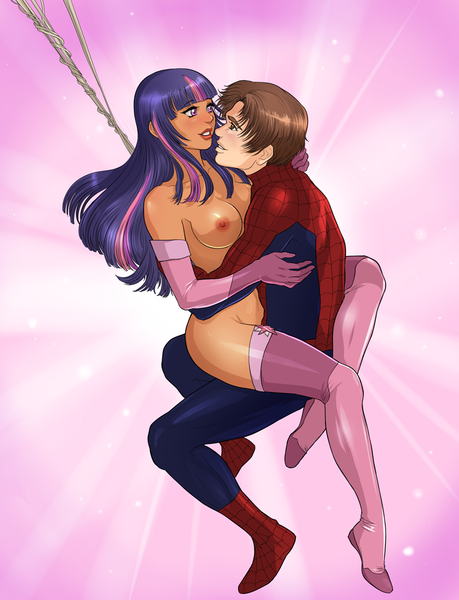 Size: 784x1024 | Tagged: artist:autumn-sacura, breasts, clothes, crossover, crossover shipping, derpibooru import, evening gloves, female, human, humanized, male, nipples, nudity, peter parker, questionable, shipping, spider-man, spiders and magic: rise of spider-mane, spidertwi, stockings, straight, twilight sparkle