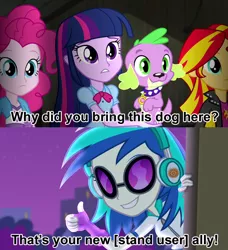 Size: 750x823 | Tagged: safe, derpibooru import, edit, screencap, pinkie pie, spike, sunset shimmer, twilight sparkle, twilight sparkle (alicorn), vinyl scratch, dog, equestria girls, rainbow rocks, crossover, iggy, jojo's bizarre adventure, screencap comic, spike the dog