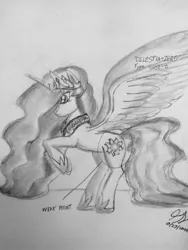 Size: 960x1280 | Tagged: artist:thegreatmewtwo, derpibooru import, house of the dead, inspired, inspired by concept art, monochrome, pencil, pencil drawing, plot, princess celestia, safe, solo, traditional art, video game, weak point