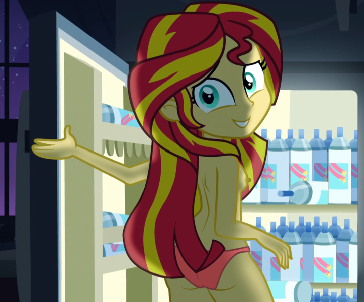 Size: 1390x1152 | Tagged: questionable, derpibooru import, edit, edited edit, edited screencap, editor:slayerbvc, screencap, sunset shimmer, human, equestria girls, rainbow rocks, ass, breasts, bunset shimmer, butt, clothes, female, looking at you, looking back, looking back at you, nipples, nude edit, nudity, panties, partial nudity edit, refrigerator, smiling, solo, solo female, topless, topless edit, underwear, underwear edit, whipped cream