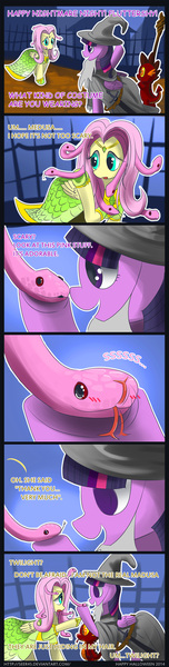 Size: 1000x3950 | Tagged: safe, artist:seer45, derpibooru import, fluttershy, spike, twilight sparkle, twilight sparkle (alicorn), alicorn, cobra, dragon, gorgon, medusa, pegasus, pony, snake, adorkable, beard, blushing, broken, clothes, comic, costume, cute, dork, empty eyes, error: pony stopped responding, female, frozen in fear, gandalf, gandalf the grey, halloween, hissing, lord of the rings, mare, medusashy, nightmare night, ophidiophobia, scared stiff, shyabetes, smaug, smaug the golden, staff, sword, that tongue thing, the hobbit, tongue out, traumatized, twiabetes, wizard