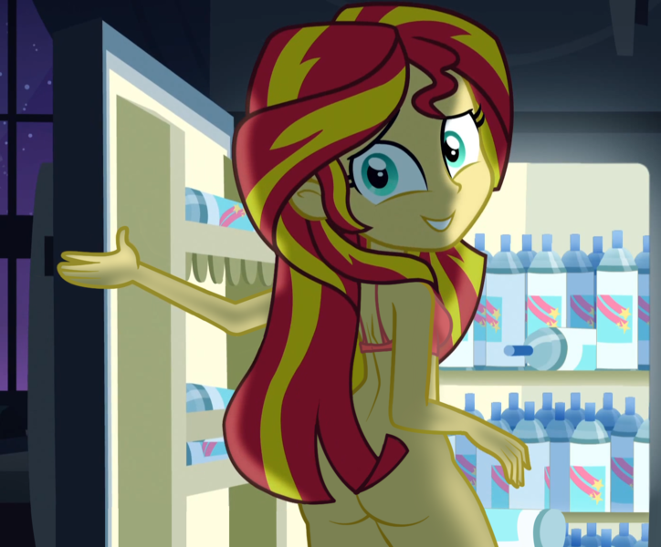 Size: 1390x1152 | Tagged: questionable, derpibooru import, edit, edited edit, edited screencap, editor:slayerbvc, screencap, sunset shimmer, equestria girls, rainbow rocks, ass, bottomless, bra, breasts, bunset shimmer, butt, clothes, female, looking at you, looking back, looking back at you, nudity, partial nudity edit, refrigerator, solo, solo female, underwear, underwear edit, whipped cream