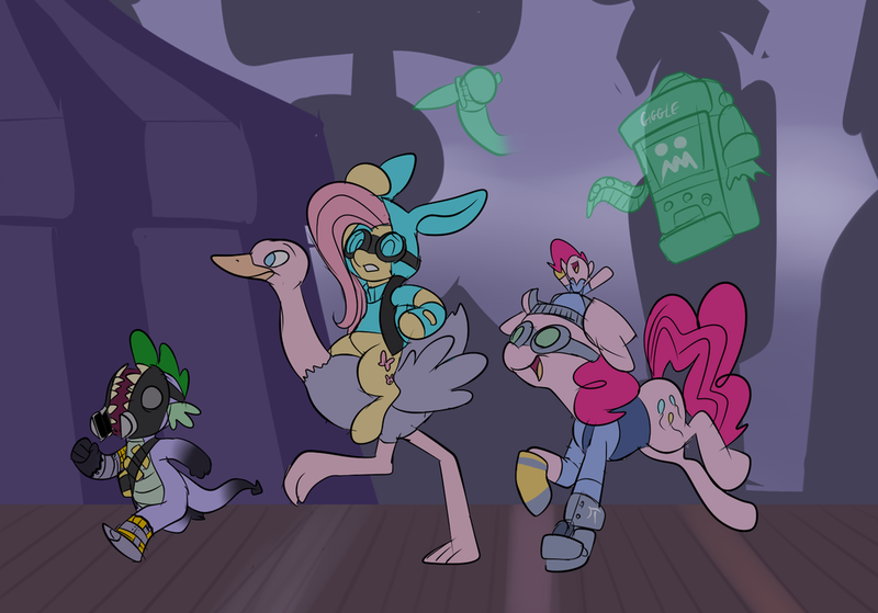 Size: 1024x715 | Tagged: artist:metal-kitty, bunny ears, carnival of carnage, crossover, derpibooru import, dispenser, engie pie, engineer, fluttershy, hat, ostrich, pinkie pie, pyro, safe, scream fortress, sniper, snipershy, spike, spike pyro, team fortress 2