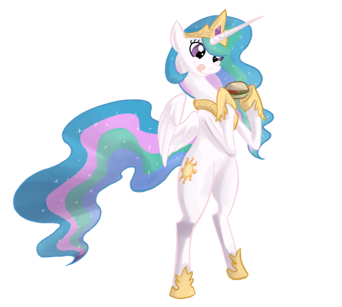 Size: 872x783 | Tagged: safe, artist:dsurion, derpibooru import, princess celestia, pony, bipedal, burger, food, hamburger, licking lips, ponies eating meat, solo, tongue out