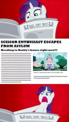 Size: 583x1024 | Tagged: abstract background, clock tower (video game), comic, dark comedy, derpibooru import, edit, edited screencap, exploitable meme, i'll destroy her, jontron, meme, newspaper meme, ponyville confidential, rarity, safe, screencap, screencap comic, solo, this will end in tears and/or death