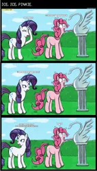 Size: 1924x3382 | Tagged: safe, artist:ranviet, derpibooru import, pinkie pie, rarity, comic, ice sculpture, stuck, tongue out, tongue stuck to pole