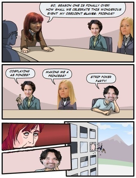 Size: 500x655 | Tagged: amy keating rogers, comic, derpibooru import, employer meme, exploitable meme, larson you magnificent bastard, lauren faust, m.a. larson, meghan mccarthy, meme, parody, questionable, writing staff