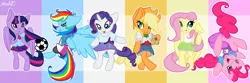 Size: 1600x533 | Tagged: safe, artist:emiliearts, derpibooru import, applejack, fluttershy, pinkie pie, rainbow dash, rarity, twilight sparkle, twilight sparkle (alicorn), ponified, alicorn, pony, bipedal, clothes, equestria girls outfit, equestria girls ponified, female, mane six, mare, shorts, skirt, tanktop