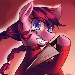 Size: 2000x2000 | Tagged: semi-grimdark, artist:mewball, derpibooru import, pinkie pie, earth pony, pony, alternate hairstyle, braid, crossover, evil grin, grin, knife, madotsuki, pinkamena diane pie, sharp teeth, starry eyes, teeth, wingding eyes, yume nikki