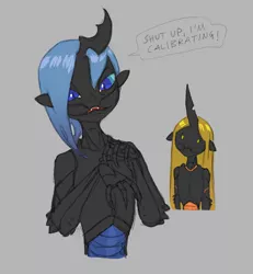 Size: 803x870 | Tagged: artist:carnifex, blue changeling, changeling, changeling oc, changeling queen, changeling queen oc, derpibooru import, female, garrus vakarian, gray background, human, humanized, humanoid, insectoid, mandibles, mass effect, oc, oc:ambrosia, oc:myxine, safe, simple background, unofficial characters only, yellow changeling