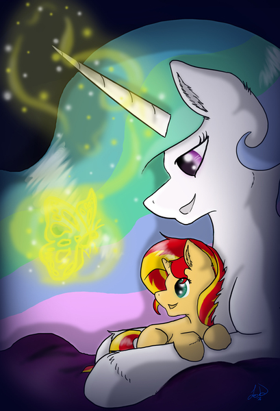 Size: 2150x3153 | Tagged: safe, artist:lyx-d, derpibooru import, princess celestia, sunset shimmer, alicorn, butterfly, pony, unicorn, filly, filly sunset shimmer, magic, momlestia, prone, smiling, younger