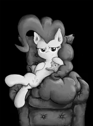 Size: 702x950 | Tagged: armchair, artist:gezawatt, black and white, derpibooru import, grayscale, gummy, mafia, monochrome, pinkie pie, safe, sitting, smiling, wip