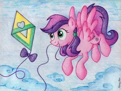 Size: 1614x1215 | Tagged: safe, artist:nancyksu, derpibooru import, skywishes, pegasus, pony, cloud, female, flying, g3, g3 to g4, generation leap, kite, kite flying, mare, mouth hold, ribbon, sky, solo, that pony sure does love kites, traditional art