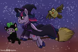 Size: 1000x667 | Tagged: safe, artist:sandy--apples, derpibooru import, owlowiscious, spike, twilight sparkle, twilight sparkle (alicorn), alicorn, pony, annoyed, broom, catsuit, clothes, costume, female, flying, flying broomstick, halloween, hat, mare, night, smiling, stars, witch, witch hat