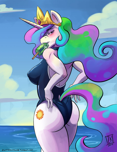 Size: 695x900 | Tagged: questionable, artist:zwitterkitsune, derpibooru import, princess celestia, alicorn, anthro, unicorn, ass, blushing, breasts, busty princess celestia, clothes, erect nipples, female, looking back, mouth hold, nipple outline, one-piece swimsuit, open-back swimsuit, popsicle, praise the sun, self wedgie, solo, solo female, sunbutt, swimsuit, the ass was fat, wedgie, wingless, wingless anthro