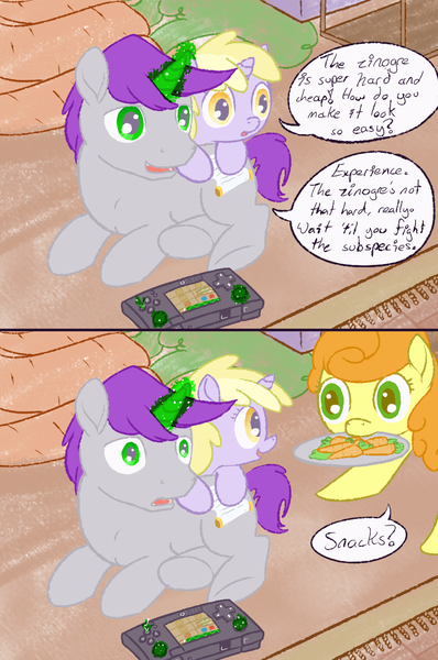 Size: 800x1205 | Tagged: safe, artist:a6p, derpibooru import, carrot top, dinky hooves, golden harvest, written script, pony, unicorn, ask dinky doo, ask, carrot, filly, goldenscript, monster hunter, tumblr, video game, wii u, wii u touchpad