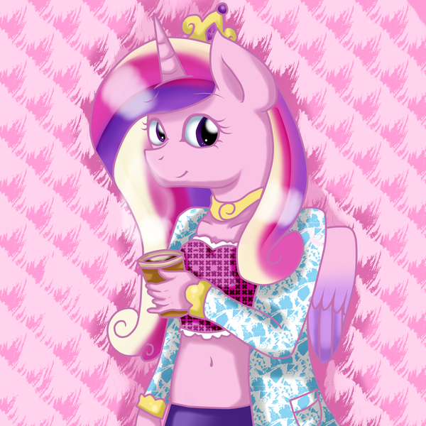 Size: 2000x2000 | Tagged: anthro, artist:stockingstreams, belly button, coffee, derpibooru import, happy, midriff, princess cadance, safe, simple background, smiling, solo