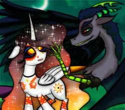 Size: 800x700 | Tagged: safe, artist:yuset, derpibooru import, discord, princess celestia, crossover, dia de los muertos, dislestia, female, la muerte, male, shipping, straight, the book of life, xibalba