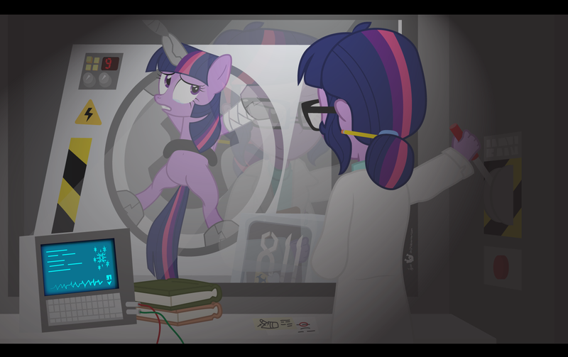 Size: 1750x1100 | Tagged: semi-grimdark, artist:dm29, derpibooru import, sci-twi, twilight sparkle, twilight sparkle (alicorn), pony, equestria girls, rainbow rocks, clipboard, crying, duo, evil, experiment, glare, gritted teeth, human ponidox, impending torture, in the name of science, laboratory, lever, mad scientist, nightmare night, reflection, restrained, science, self ponidox, smirk, this is going to hurt, this will end in tears, this will not end well, twolight