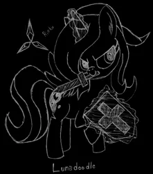 Size: 942x1068 | Tagged: artist:rinku, cosplay, cute, derpibooru import, filly, halloween, hat, inverted colors, link, lunadoodle, magic, nightmare night, princess luna, raised hoof, s1 luna, safe, shield, sketch, solo, spread wings, sword, the legend of zelda, weapon, woona