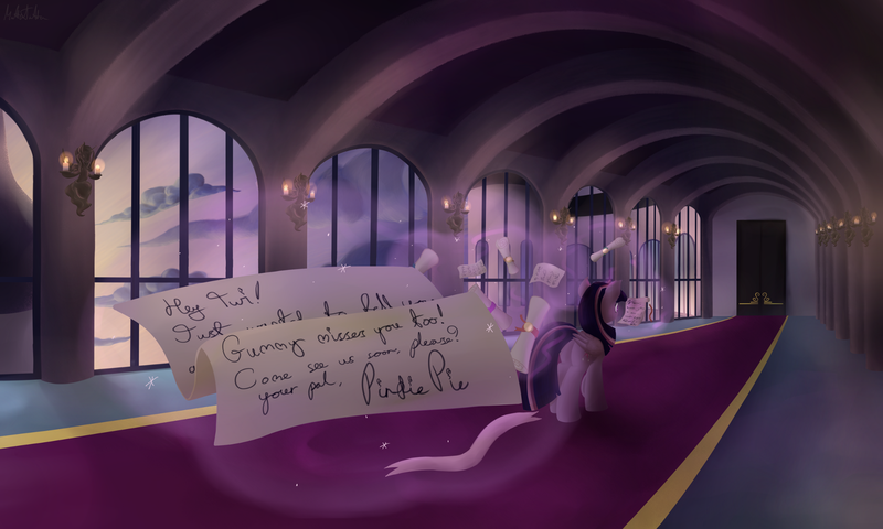 Size: 1980x1188 | Tagged: safe, artist:mattatatta, derpibooru import, twilight sparkle, twilight sparkle (alicorn), alicorn, pony, destiny: a tale of unicorn wings, female, letter, magic, mare, scroll, solo, window