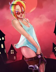 Size: 2625x3375 | Tagged: artist:eve-ashgrove, artist:lizombie, art pack:my little sweetheart, art pack:my little sweetheart 4, assisted exposure, blushing, breasts, covering, derpibooru import, embarrassed, embarrassed nude exposure, erect nipples, female, gun, halloween, holster, human, humanized, lara croft, my little sweetheart, my little sweetheart 4, nightmare night, nipple outline, nudity, pistol, rainbow dash, sexy, small breasts, solo, solo female, stupid sexy rainbow dash, suggestive, tomb raider, wardrobe malfunction, weapon