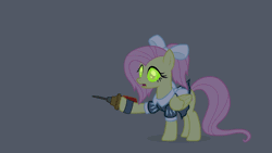 Size: 864x486 | Tagged: safe, artist:khuzang, artist:poison--hearts, derpibooru import, part of a set, fluttershy, pegasus, pony, adorable distress, animated, bioshock, clothes, costume, cute, female, glowing eyes, gritted teeth, halloween, little sister, mare, messy mane, open mouth, prone, scared, shivering, shyabetes, solo, wide eyes
