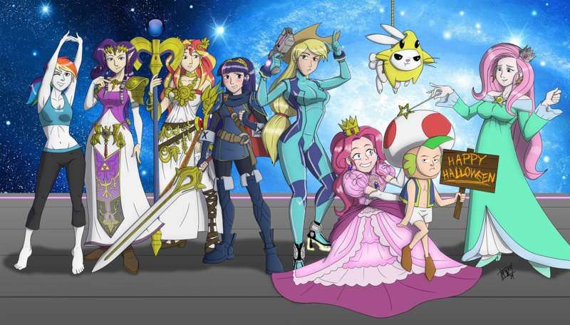 Size: 3000x1711 | Tagged: angel bunny, applejack, artist:mono-phos, barefoot, belly button, clothes, colored, crossover, derpibooru import, dress, feet, fire emblem, fluttershy, human, humane seven, humane six, humanized, kid icarus, lucina, luma, mane seven, mane six, metroid, midriff, no trigger discipline, palutena, pinkie pie, princess peach, princess zelda, rainbow dash, rarity, rosalina, safe, samus aran, spike, sports bra, sunset shimmer, super mario bros., super mario galaxy, super smash bros., the legend of zelda, toad (mario bros), twilight sparkle, wii fit trainer, zero suit