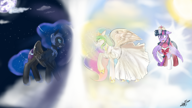 Size: 1920x1080 | Tagged: safe, artist:mrscurlystyles, derpibooru import, nightmare moon, princess celestia, twilight sparkle, twilight sparkle (alicorn), alicorn, pony, alicorn magic, cloud, cloudy, crown, crying, day, female, fight, flashback, magic, mare, moon, night, on a cloud, queen serenity, sailor moon, sailor twilight, sister fight, sun