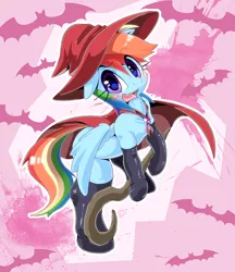 Size: 862x1000 | Tagged: dead source, safe, artist:oze, derpibooru import, rainbow dash, bat, pegasus, pony, abstract background, bipedal, bipedal leaning, blushing, cape, clothes, costume, cute, cute little fangs, dashabetes, fangs, female, hat, latex socks, mare, nightmare night, open mouth, raised eyebrow, socks, solo, witch