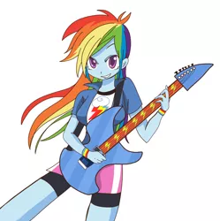 Size: 784x786 | Tagged: safe, artist:yog, derpibooru import, rainbow dash, equestria girls, rainbow rocks, armband, clothes, compression shorts, cute, dashabetes, electric guitar, grin, guitar, looking at you, pixiv, playing, simple background, skirt, solo, white background, windswept mane