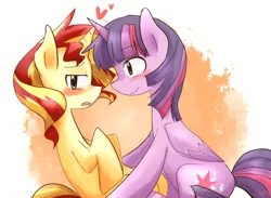 Size: 1146x840 | Tagged: safe, artist:gyaheung, derpibooru import, sunset shimmer, twilight sparkle, twilight sparkle (alicorn), alicorn, pony, unicorn, blushing, female, heart, horns are touching, lesbian, open mouth, shipping, smiling, sunsetsparkle