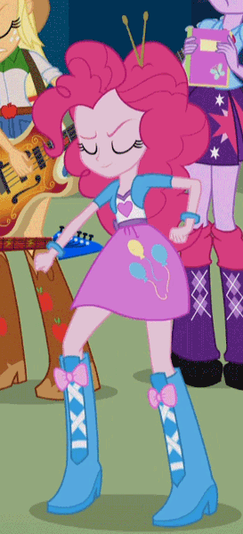 Size: 345x759 | Tagged: safe, derpibooru import, screencap, applejack, pinkie pie, twilight sparkle, twilight sparkle (alicorn), equestria girls, rainbow rocks, animated, balloon, boots, bracelet, clothes, cowboy boots, dancing, drumsticks, funny, high heel boots, jewelry, party hard, skirt