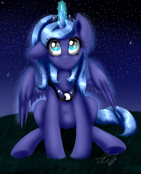 Size: 1700x2093 | Tagged: safe, artist:artyjoyful, derpibooru import, princess luna, looking up, magic, s1 luna, sitting, solo