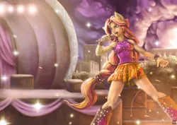 Size: 3500x2474 | Tagged: safe, artist:mrs1989, derpibooru import, sunset shimmer, equestria girls, rainbow rocks, clothes, lens flare, microphone, ponied up, sleeveless, solo, welcome to the show