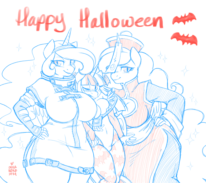 Size: 1346x1200 | Tagged: anthro, artist:onnanoko, breasts, busty princess celestia, busty princess luna, cleavage, clothes, costume, curvy, darkstalkers, derpibooru import, female, guilty gear, halloween, hsien-ko, looking at you, millia rage, monochrome, morrigan aensland, pixiv, plump, princess celestia, princess luna, sketch, smiling, smirk, suggestive, twilight sparkle, twilight sparkle (alicorn)