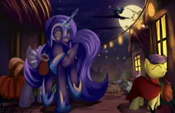 Size: 5100x3300 | Tagged: absurd resolution, artist:grennadder, clothes, costume, derpibooru import, eyes closed, lollipop, magic, mare in the moon, moon, mouth hold, nicemare moon, night, nightmare luna, nightmare night, nightmare night costume, princess luna, safe, scootaloo, self paradox, smiling, telekinesis