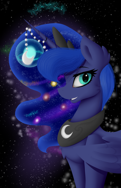 Size: 1800x2800 | Tagged: artist:mystic-l1ght, artist:novabytes, bioluminescent, chest fluff, collaboration, derpibooru import, ear fluff, horn jewelry, jewelry, princess luna, safe, smiling, solo